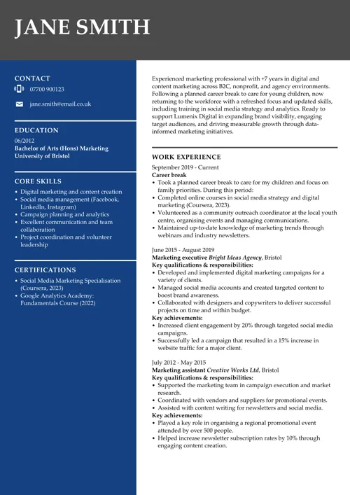career break on a cv example