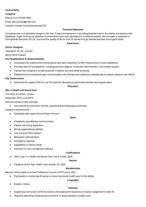 caregiver CV example