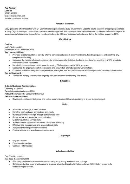 cashier CV example