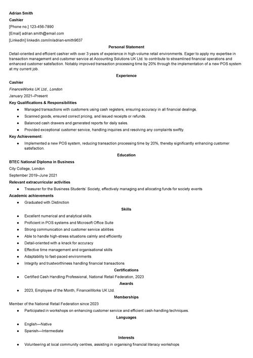 cashier CV sample