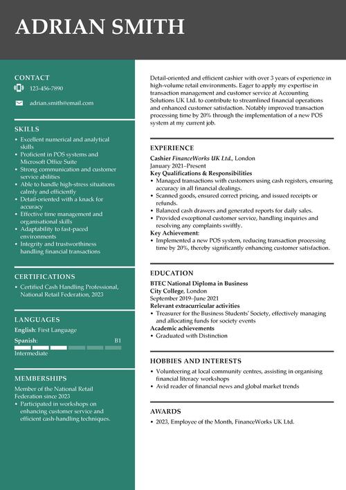 cashier CV sample