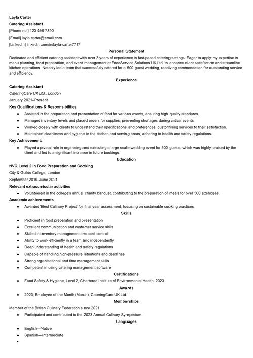 catering assistant CV example