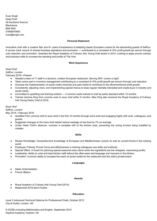 Chef CV example