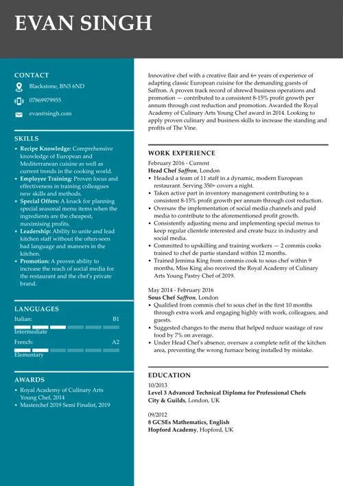 Chef CV example