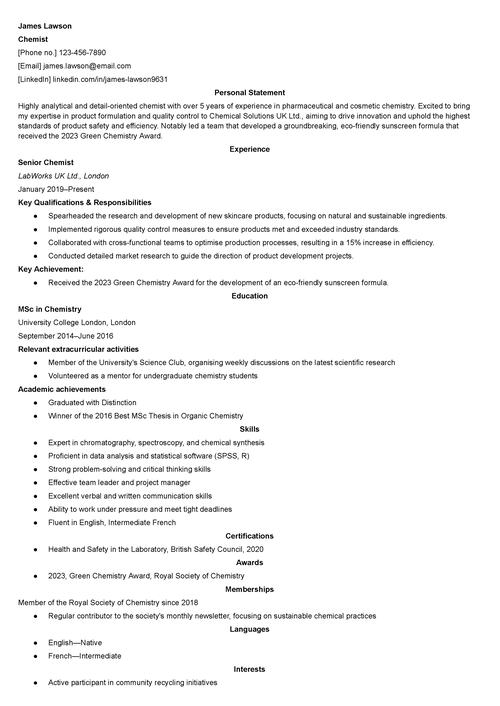 chemist CV example