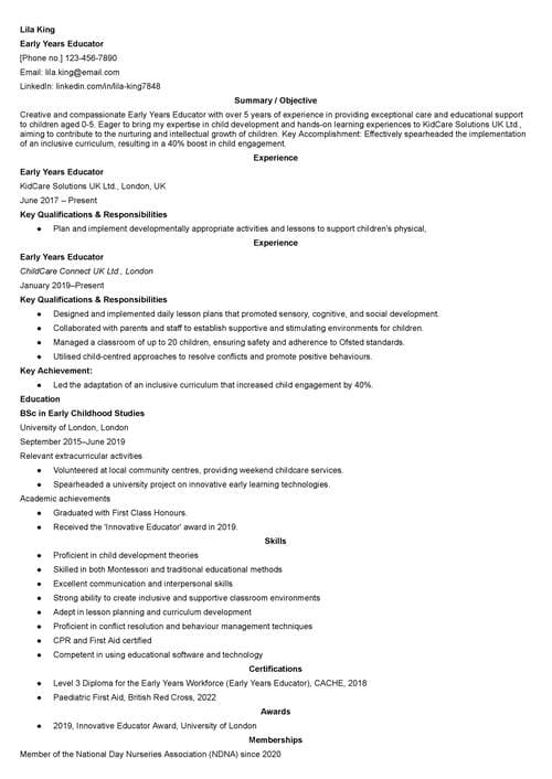 childcare CV example