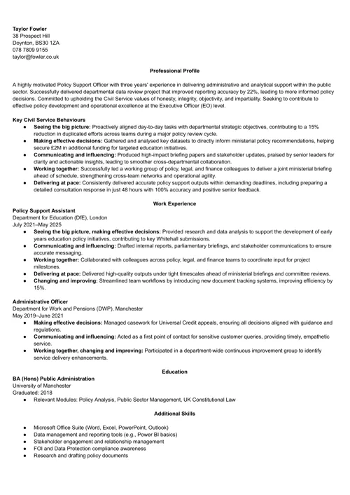 civil service behaviours on a CV