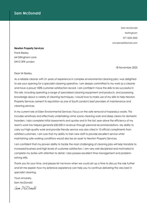 cleaner cover letter example