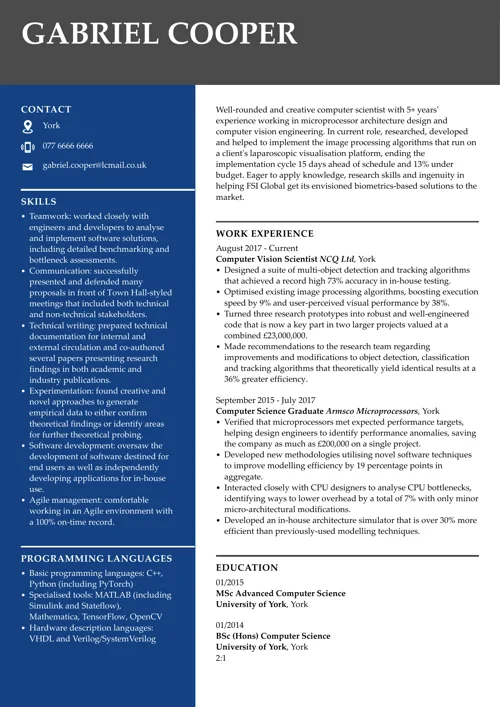 Computer science CV example