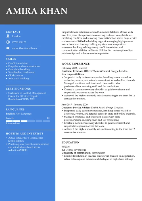 CV sample emphasising conflict resolution skills