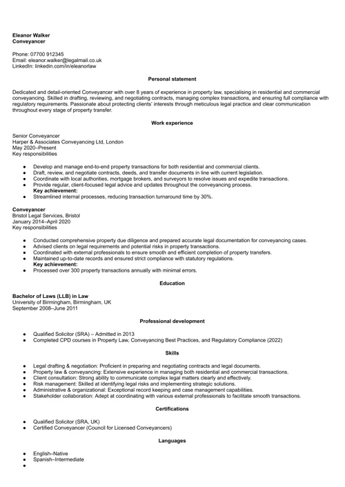 Conveyancer CV Example