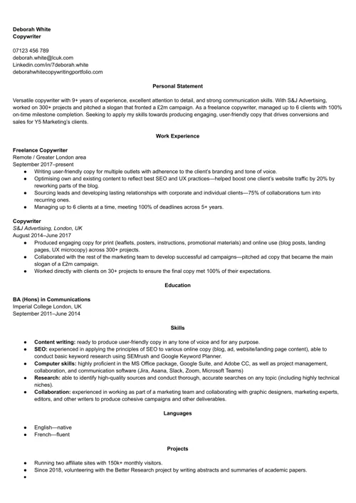 copywriter cv example