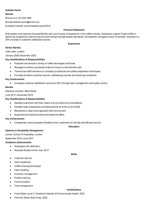 Costa Coffee CV example