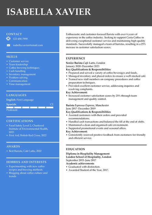 Costa Coffee CV example