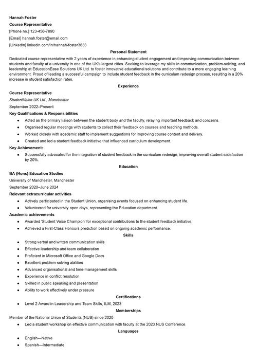 course representative CV example