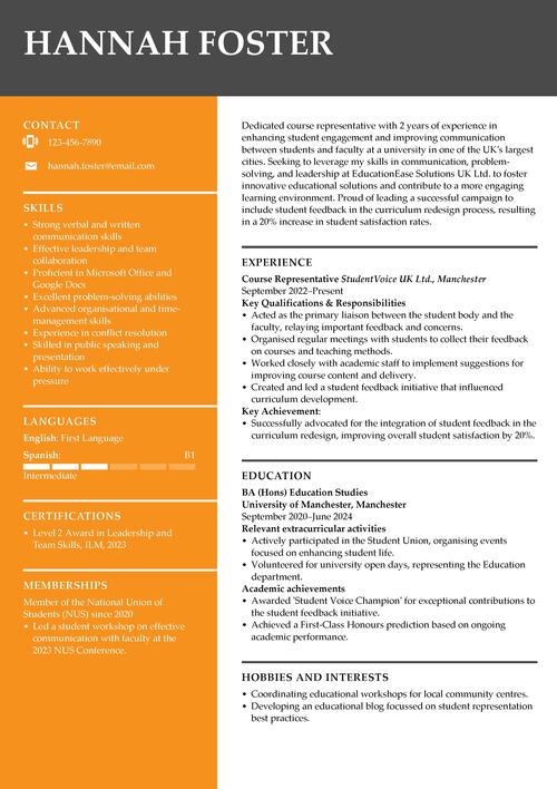 course representative CV example