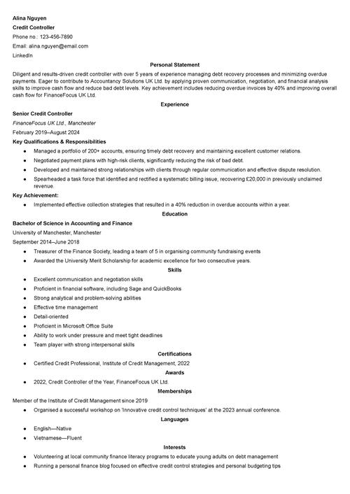 credit controller CV example