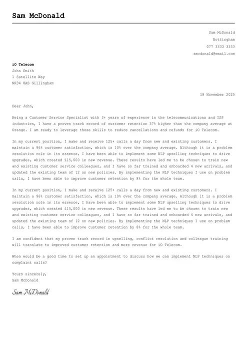 customer service cover letter example