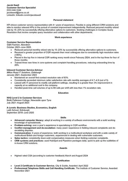 customer service CV example