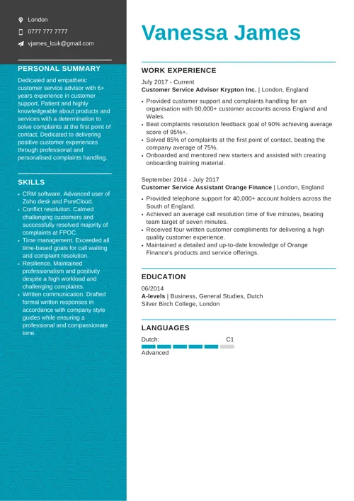 Customer service skills for CV