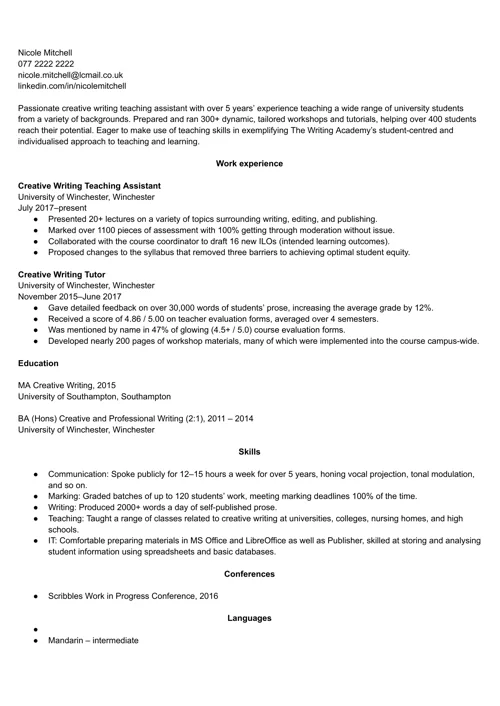 Example education section on a CV