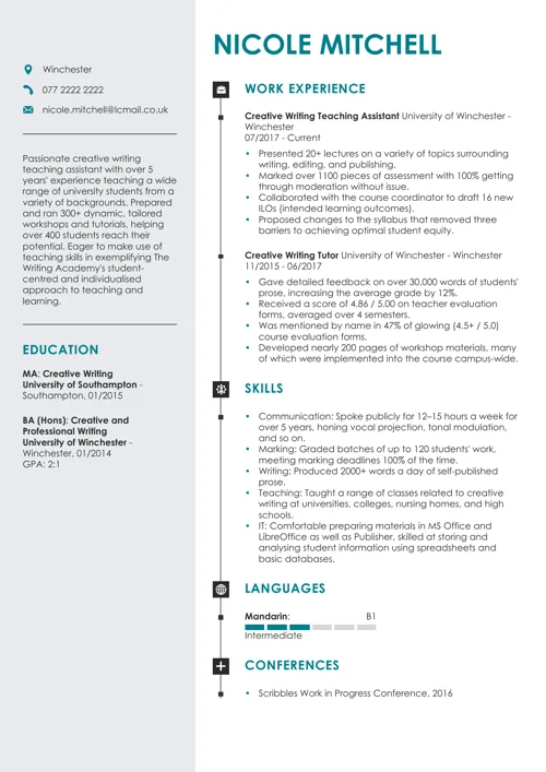 Example education section on a CV