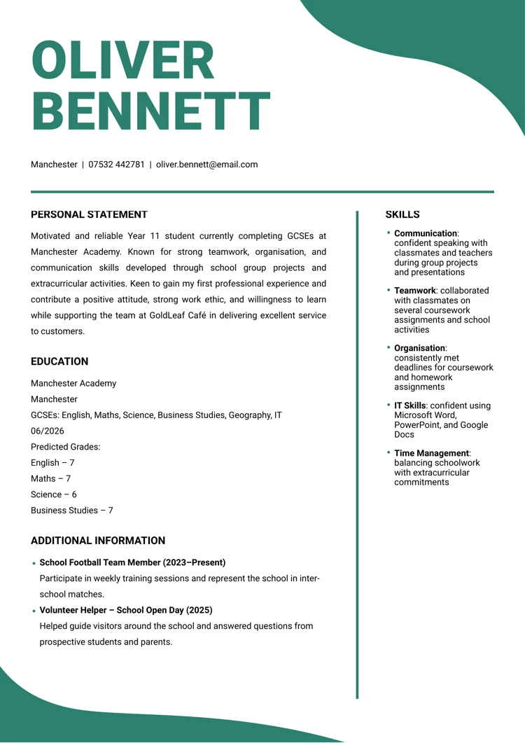 Sample CV for a 16-year-old