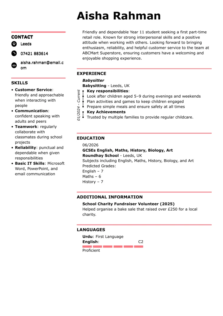 Sample CV for a 16-year-old