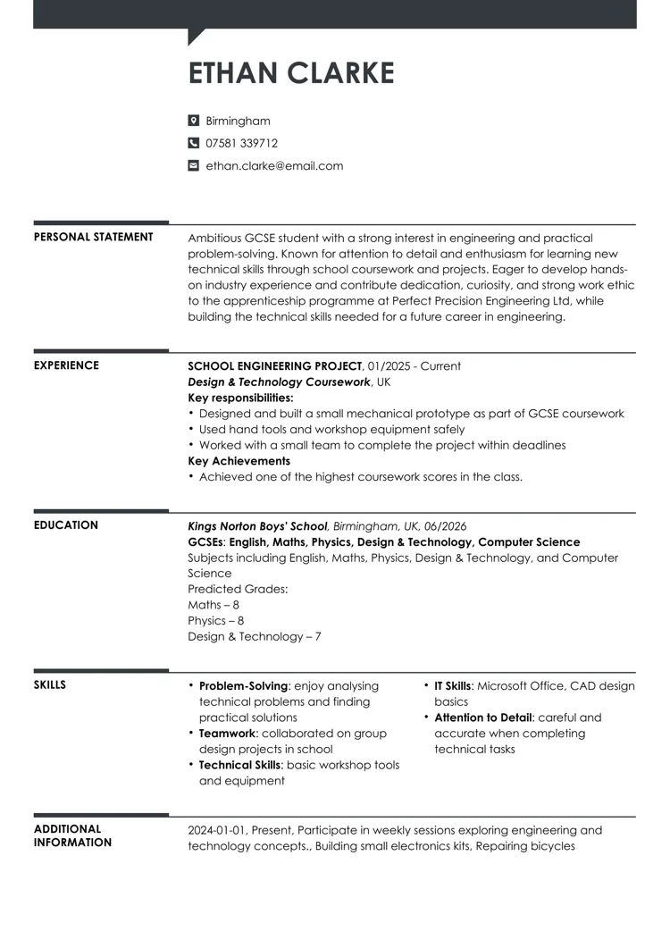Sample CV for a 16-year-old