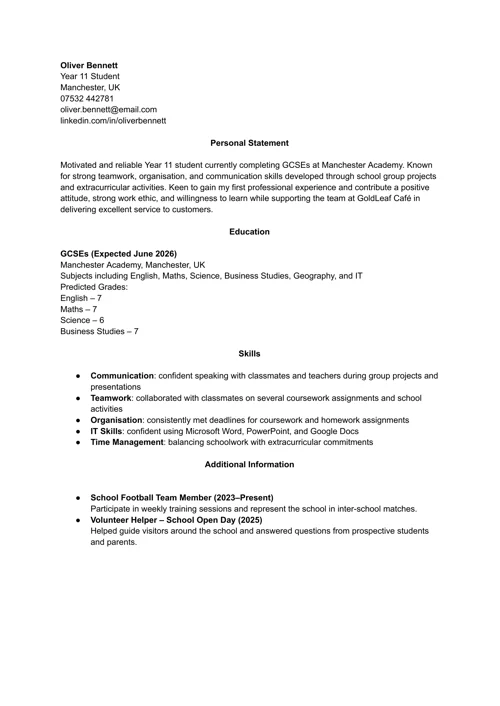 sample CV for a 16-year-old created with LiveCareer UK CV builder