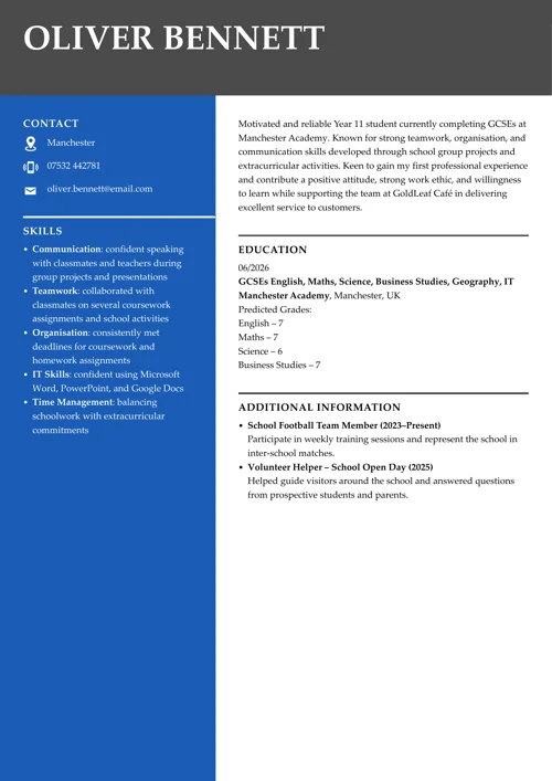 sample CV for a 16-year-old created with LiveCareer UK CV builder