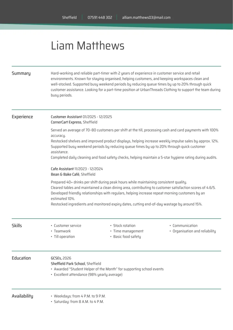CV template for a teenager: part-time job