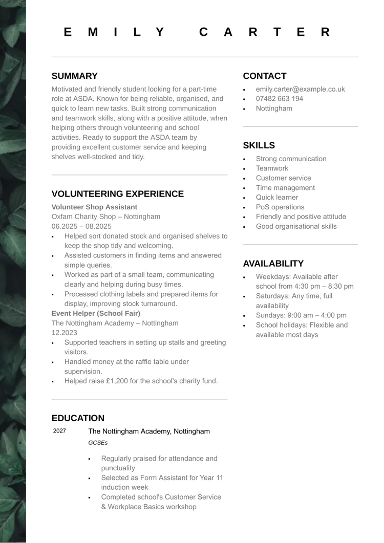 Part-time job CV for a 16-year-old