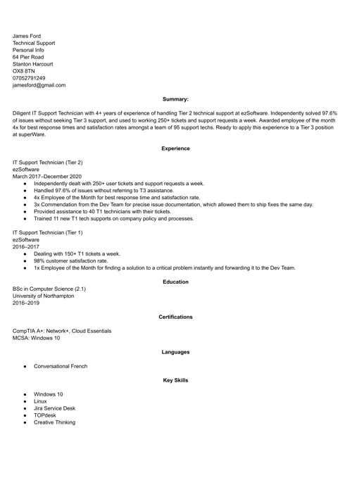 CV layout example Example