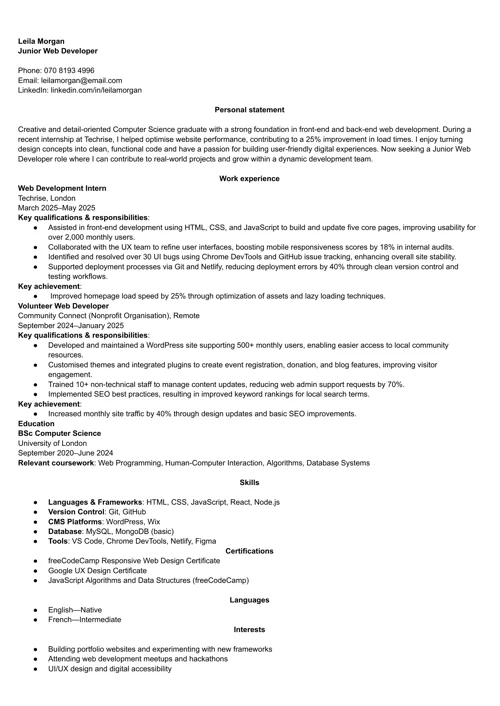CV sample with a personal statement