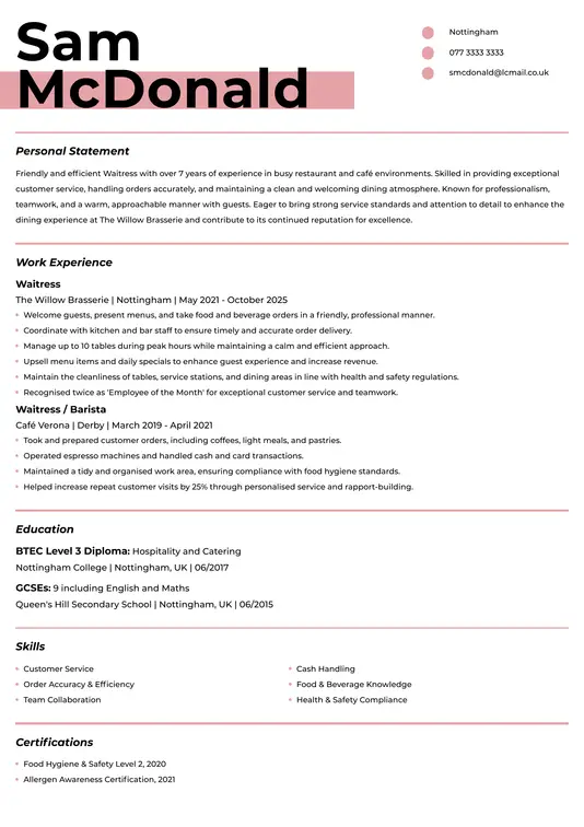 cv templates hospitality cv template