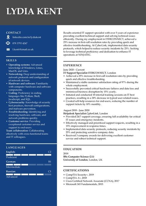 IT Support Specialist CV sample