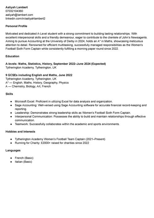 CV example for a 16-year-old
