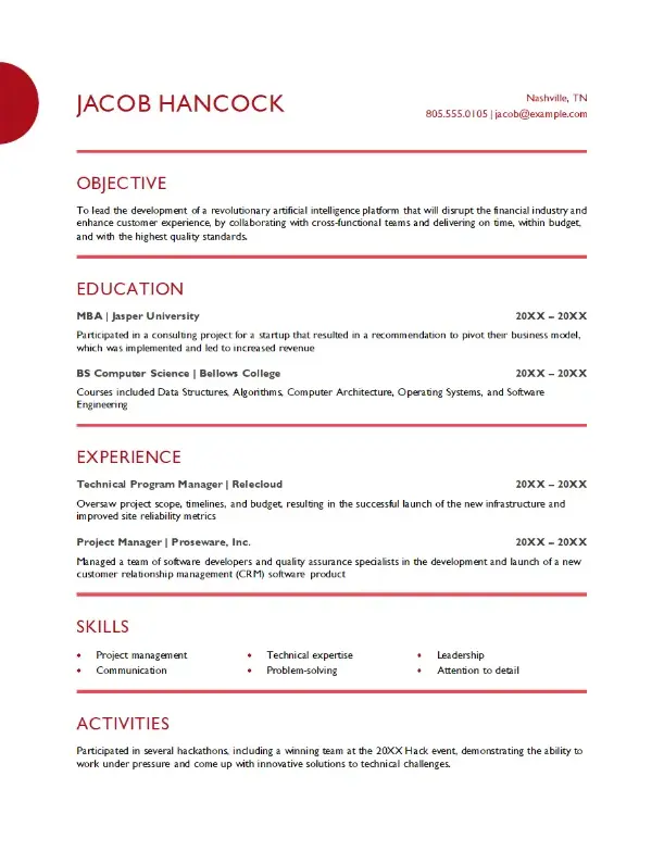 Project management Word CV template