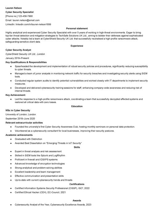 cyber security CV example