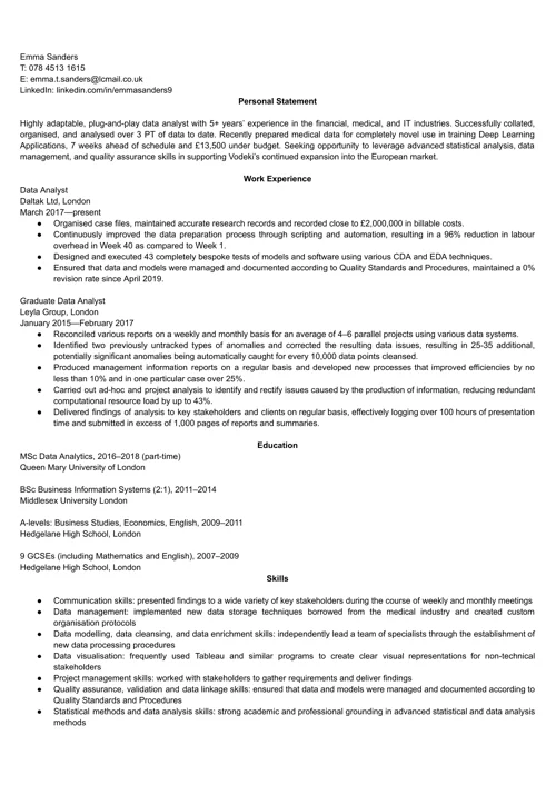 Data analyst CV example