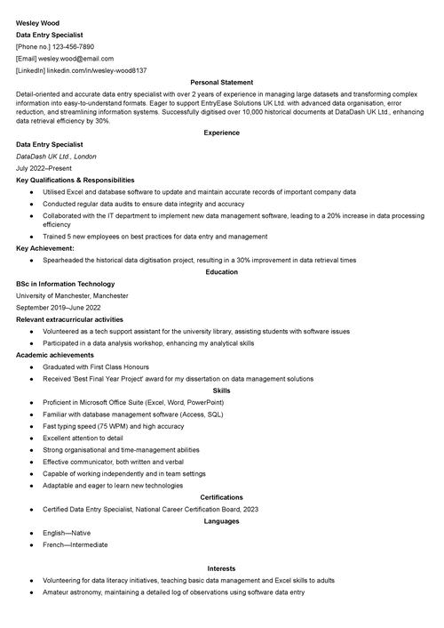 data entry CV example