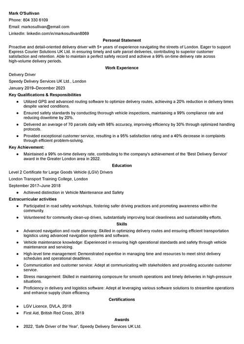 delivery driver CV example