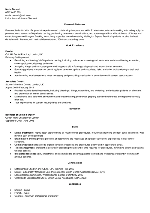 Dentist CV example