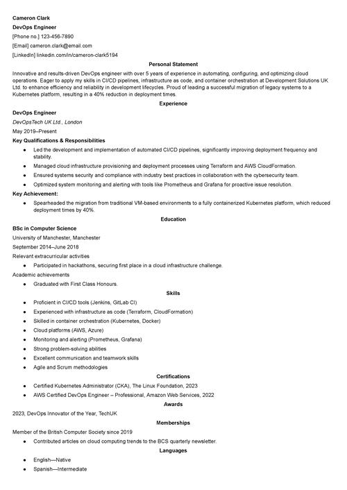 DevOps engineer CV example