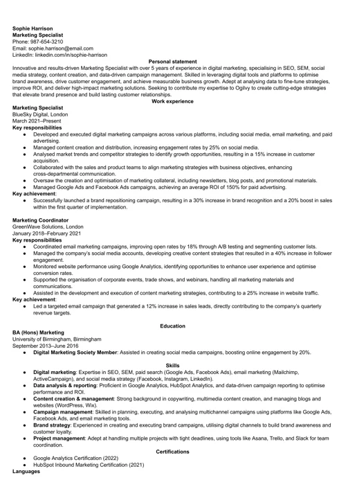 CV sample emphasising digital skills
