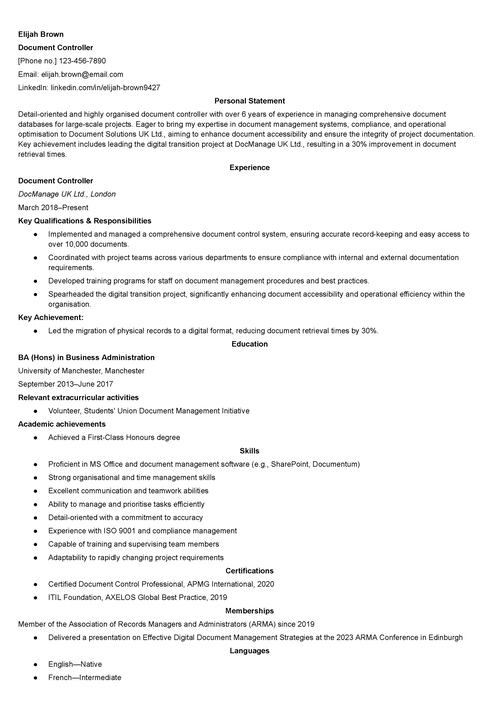 document controller CV example