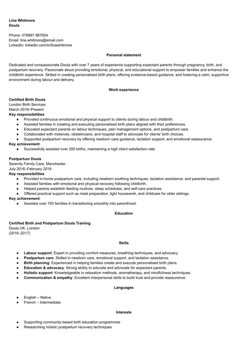 Doula CV example