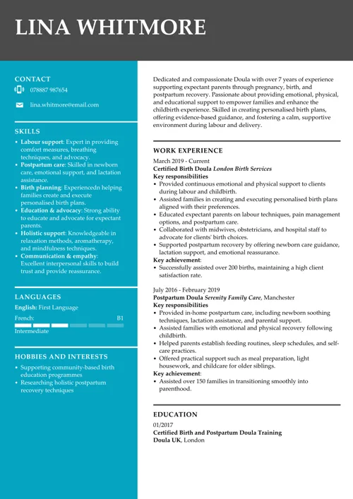 Doula CV example