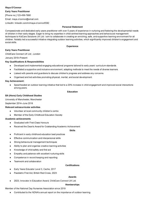 Early years practitioner CV example